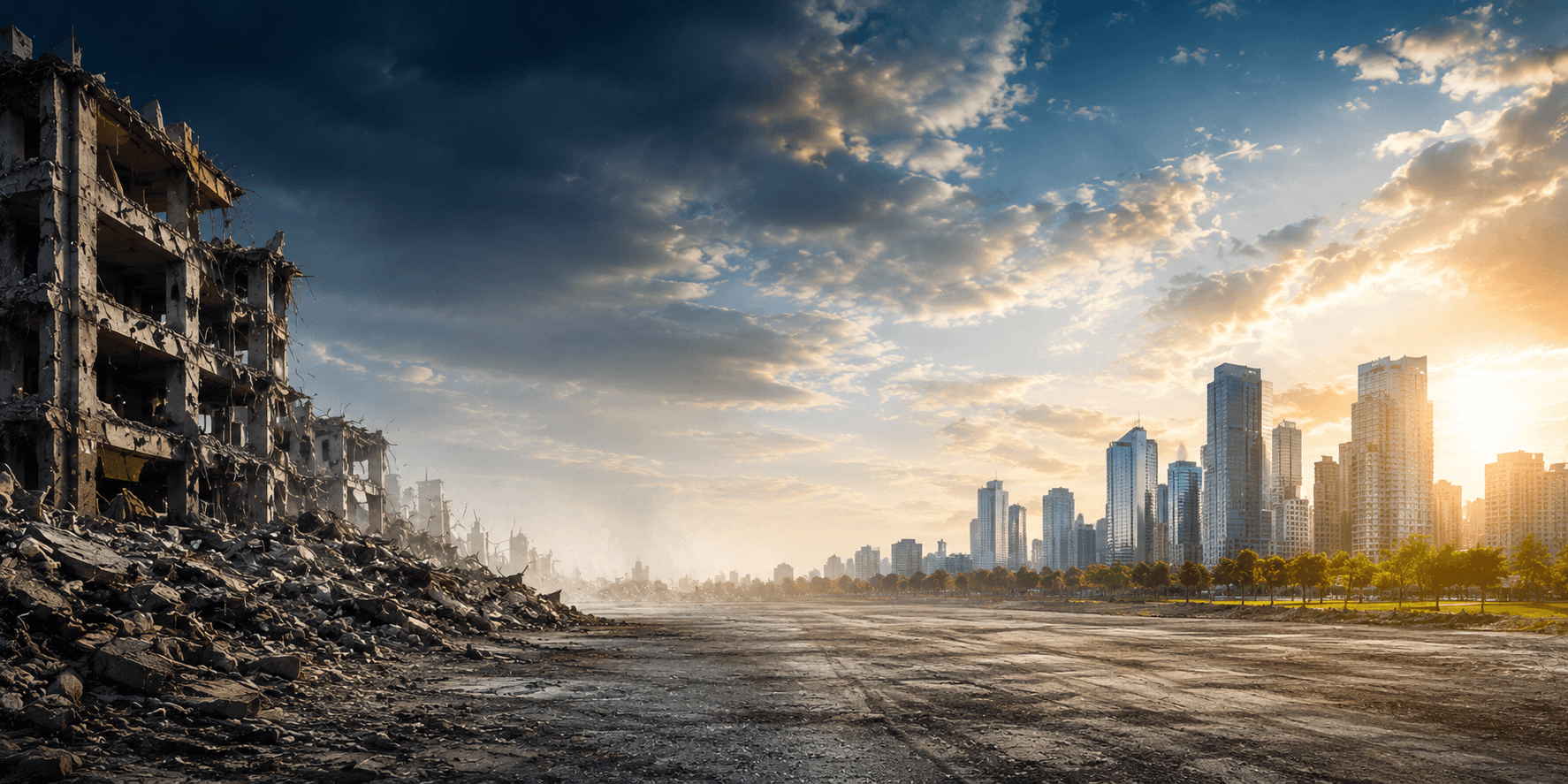 Cleared and graded ground beside a damaged block, city skyline beyond — Hai-Loumos