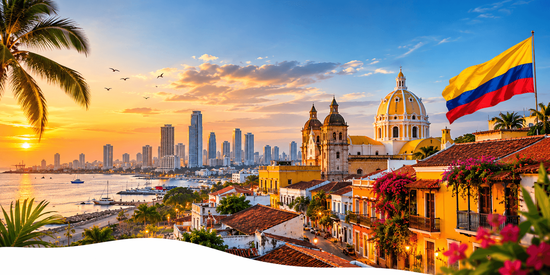 Cartagena at sunset beneath the Colombian flag — the coastline and colonial quarter the Hai-Loumos recovery programme serves